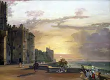 Peinture d'une terrasse au crépuscule. Le mur extérieur du château est visible à gauche et la bordure de la terrasse longe un promontoire. Quelques personnages habillés à la mode du XVIIIe&nbsp;siècle se promènent sur la terrasse.