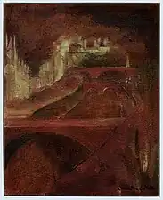 Paysage rouge avec Notre-Dame et ses ponts.