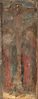 Peinture représentant Jésus sur la croix entouré d'une femme et d'un homme. En arrière-plan, une ville.