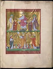 Saint Henri et sainte Cunégonde couronnés par le Christ (en haut), miniature du Livre des Péricopes d'Henri&nbsp;II.
