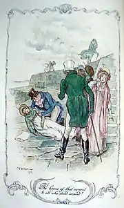 gravure encadrée d'une frise à volutes