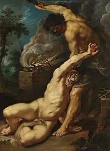 Caïn tuant Abel, Pierre Paul Rubens : Caïn maintient son frère  couché près de l'autel du sacrifice.