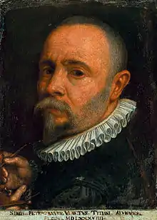 Portrait d'un homme à la barbe et aux cheveux gris, en habit noir et col en fraise.