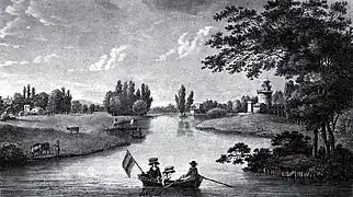 Aperçu général du petit parc depuis le château: à gauche, le hameau ; au centre, l'étang ; à droite, la Tour Gabrielle.