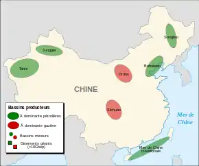 Carte montrant les gisements de pétroles situés en Chine.