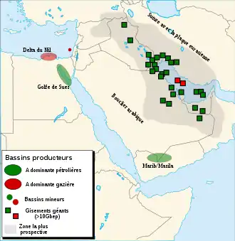 Carte montrant les gisements de pétroles situés au Moyen-Orient.