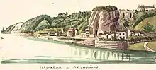 À droite, le château actuel avec le pont vers le rocher où se dressait autrefois l'ancienne forteresse. (Philippe van Gulpen&nbsp;(nl), milieu du xixe&nbsp;siècle)