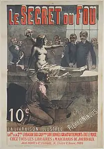 Affiche promotionnelle pour le roman Le Secret du fou, vers la fin du XIXe&nbsp;siècle.