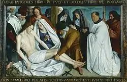 Photographie en couleurs d'une peinture représentant la descente de croix de Jésus.