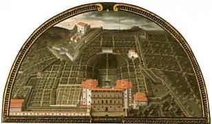 Le Forte Belvedere domine le Jardin de Boboli et Palais Pitti - Médaillon de  Giusto Utens (1599) au Museo di Firenze com'era.