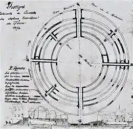 Dessin du tracé de l'amphithéâtre reporté sur un plan du XIXe&nbsp;siècle.