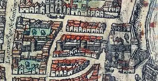Sur cette portion du Plan de Braun et Hogenberg du XVIe&nbsp;siècle, figurent la poterne Saint-Paul (2e&nbsp;rue verticale à gauche) et celle des Barrés (rue à l'extrême droite).