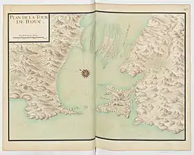 Carte (orientée à l'est) montrant l'île de Bouc à la fin du XVIIe&nbsp;siècle.