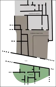 Schéma d'une partie des thermes en haut, de la rue au centre et de l'habitat en bas