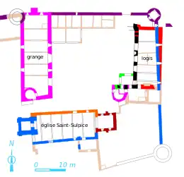 Dessin en couleurs et légendé représentant un plan au sol de bâtiments et leur évolution historique.