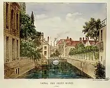 Canal des Soeurs Noires vu du pont Saint-Jacques en 1850. À gauche l'hôtel d'Avelin