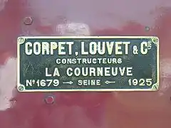 Plaque constructeur Corpet-Louvet no 36 Lulu.