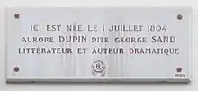 Plaque en hommage à George Sand.