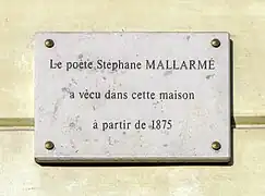 Plaque en hommage à Stéphane Mallarmé au no&nbsp;89 rue de Rome.