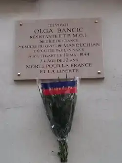 Plaque en mémoire de Olga Bancic, posée au 114 rue du Château à Paris&nbsp;14e.