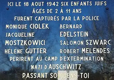 Plaque commémorative honorant la mémoire d'enfants juifs arrêtés le 18 août 1942 et assassinés, apposée sur l'école du Pouy à Mont-de-Marsan.