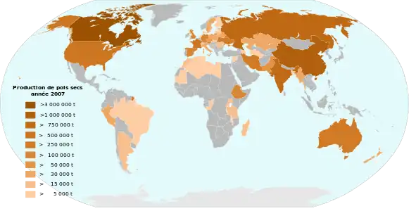 Répartition de la production de pois secs en 2007.