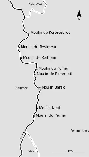 Liste et situation des moulins à eau du Trieux sur la commune de Pommerit-le-Vicomte