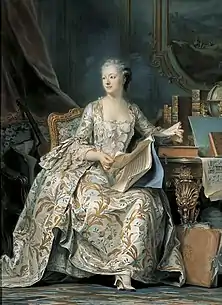 Maurice Quentin de La Tour, Portrait en pied de la marquise de Pompadour (1748–1755), Pastel sur papier bleu, rehauts de gouache, le visage rapporté sur un empiècement. Musée du Louvre, Paris