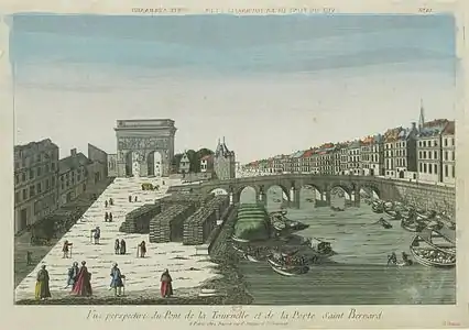 Vue d'optique de la porte Saint-Bernard et, au premier plan, du pont de la Tournelle au XVIIIe&nbsp;siècle. La vue d'optique étant inversée, la gravure est prise de l'intérieur de la ville, vers l'est.