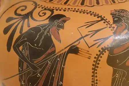 Poséidon. détail de la face A d'une amphore à col à figures noires, v. 540 av. J.-C. Musée national du Danemark.