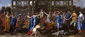 Tableau de Nicolas Poussin représentant Hymenée déguisé en femme durant une offrande à Priape.