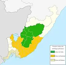 Carte du Primorié montrant les aires approximatives des cultures de l'époque. Au sud, il y a la culture de Boïsman ; dans le centre-sud du Khanka à la mer du Japon la culture de Roudnaïa, et dans le centre-nord la culture de Vetka.