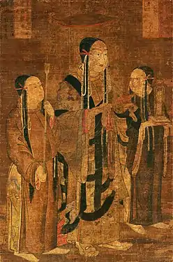 Shotoku avec deux assistants, XIIIe&nbsp;siècle, époque de Kamakura, peinture sur soie, Freer Gallery of Art, Washington D.C., États-Unis.