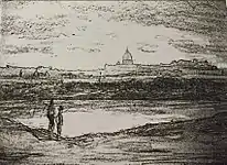 Joseph Trévoux, Croquis préparatoire, Promenade du Poussin à Rome, fusain et craie blanche sur papier bleu, 30 cm x 38,5 cm, Montbrison (Loire), collection particulière.