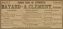 Publicité textuelle évoquant les succès des voitures Bayard-Clément en compétitions automobiles.