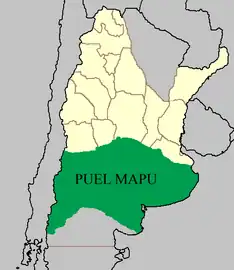 Carte du Puelmapu&nbsp;(es) au XIXe&nbsp;siècle, sur le territoire de l'actuelle Argentine. En jaune sont dessinées les frontières des 14 provinces originelles du pays, mais sans correspondance exacte avec les limites actuelles.