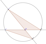 Deux triangles semblables illustrant l'invariance de la puissance d'un point par rapport à un cercle, cas où le point est dans le cercle