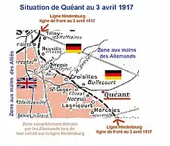 En avril 1917, Quéant reste en zone allemande à seulement 1&nbsp;km  de la Ligne Hindenburg.