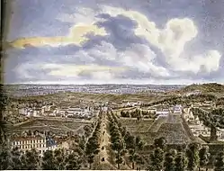 Vue panoramique prise de la place de l'Étoile au début du XIXe&nbsp;siècle avec, au centre, la future « avenue de Wagram » et, dans le fond à droite, Montmartre.