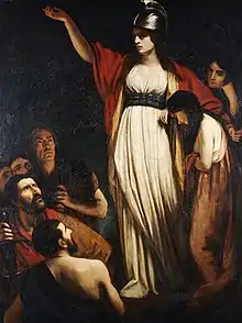 Painting of woman, with outstretched arm, in white dress with red cloak and helmet, with other human figures to her right and below her to the left.