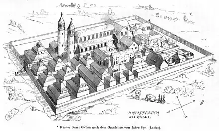 Reconstitution d'une abbaye carolingienne selon le plan de Saint-Gall ; 1875.