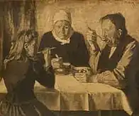 En noir et blanc, trois ouvriers mangent leur repas