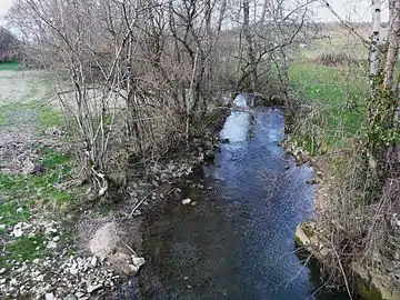 Le Ravillou au pont de la RD 705, en limite de Coulaures (à gauche) et de Saint-Pantaly-d'Excideuil.