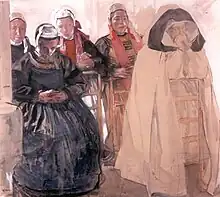 Cette scène de genre représente un groupe de femmes, une religieuse et des bretonnes vêtues de leur costume traditionnel, assises ou agenouillées sur un prie-Dieu en prière.