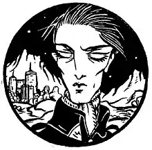 dessin en noir et blanc d'un tête d'homme aux yeux entièrement blancs.