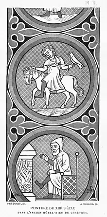 Reproduction d'une peinture du xiiie&nbsp;siècle dans l'ancien hôtel-Dieu de Chartres par Paul Durand.