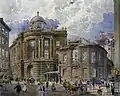 L'ancien Burgtheater sur la Michaelerplatz, peint par Robert Raschka&nbsp;(en) ; au centre, à droite du château.