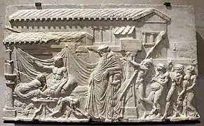 Un poète reçoit Dionysos. Copie romaine/original du Ier&nbsp;siècle AEC, L. 129&nbsp;cm. Louvre