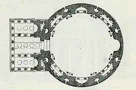 plan masse au sol, colonnade d'entrée et rotonde