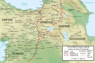 Carte présentant les cités du Moyen-Orient entre l'Empire byzantin et l'Empire sassanide